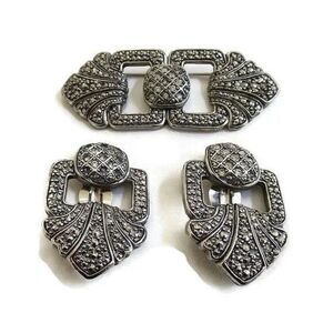 Vintage brooch earrings pave rhinestones faux Marcasite